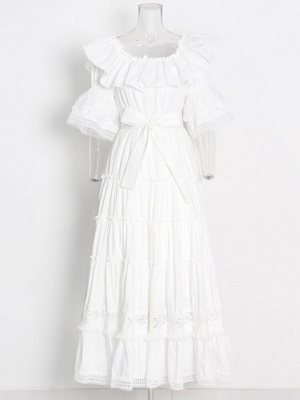 White Slash Neck Short Sleeve Long Dress L315985