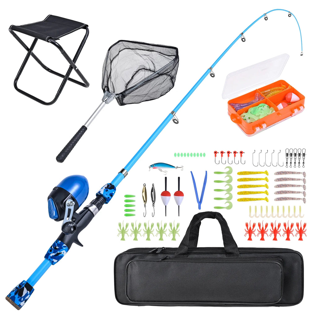 Kids Fishing Rod and Reel Combo with Collapsible Fishing Stool, Landing Net, and Tackle Box V35074