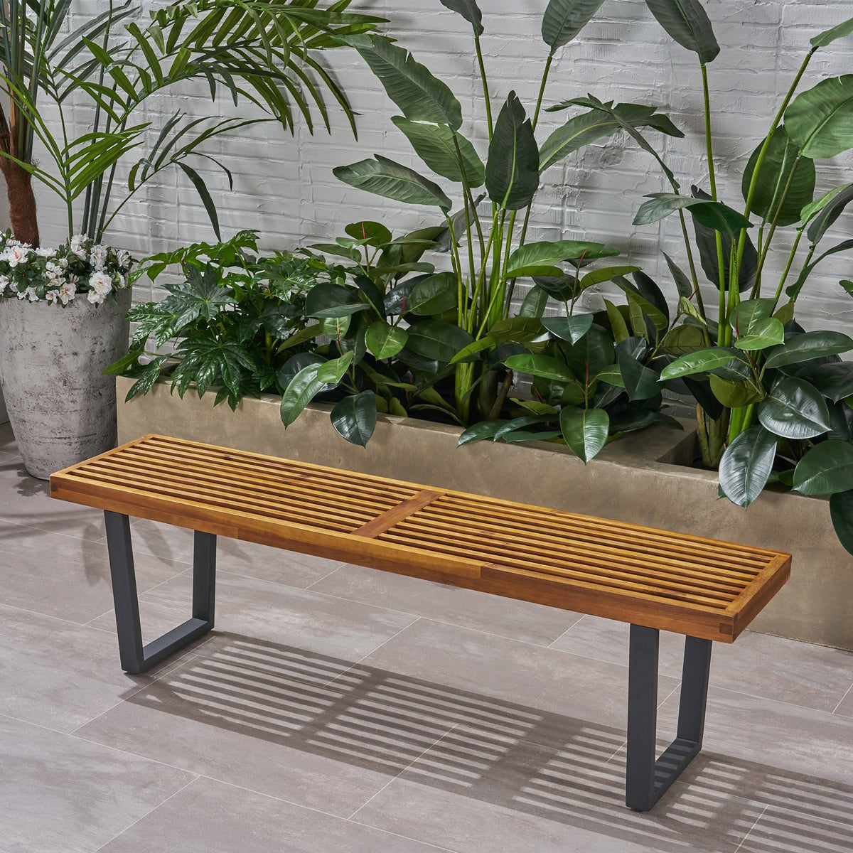 Teak Finish Acacia Wood Patio Dining Bench with Iron Legs V502