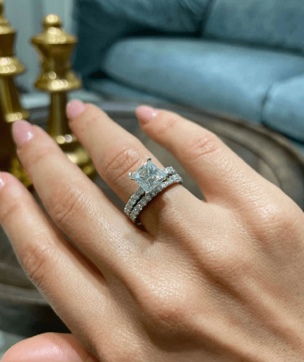 14K White Gold Plated Princess Cut Moissanite Engagement Ring Set U661237