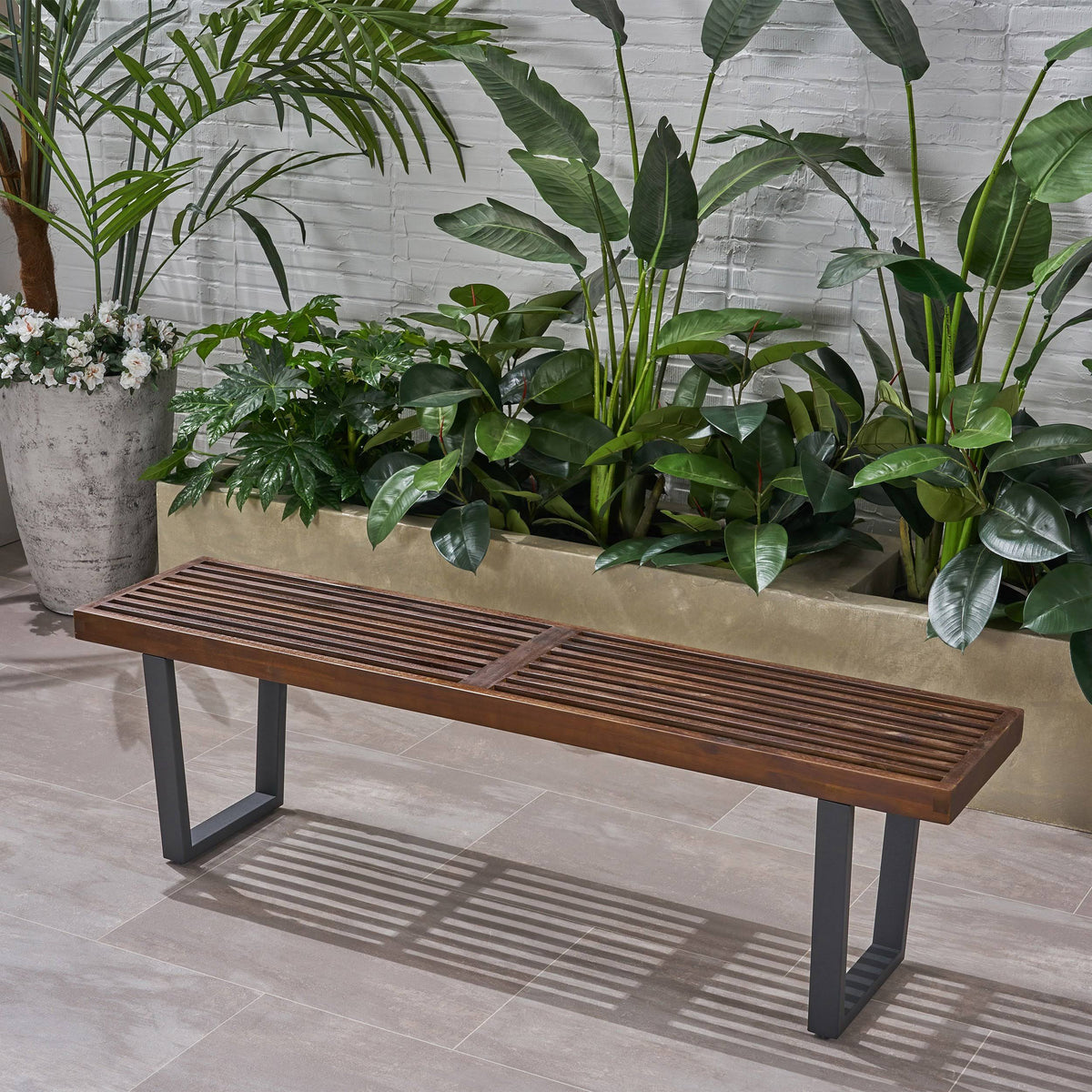 Teak Finish Acacia Wood Patio Dining Bench with Iron Legs V502