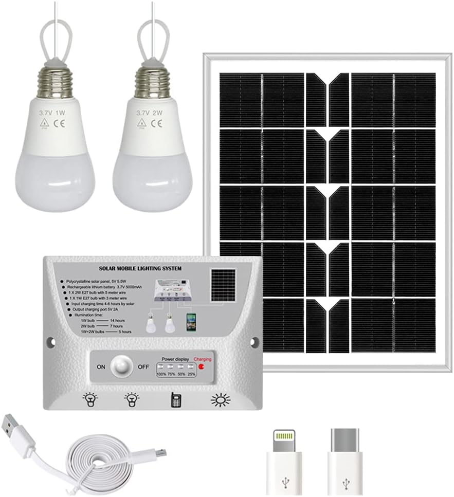 Solar Pendant Lighting System with Cell Phone Charger, 12W Solar Panel with 4 Bulbs Solar Lighting Kit I42962