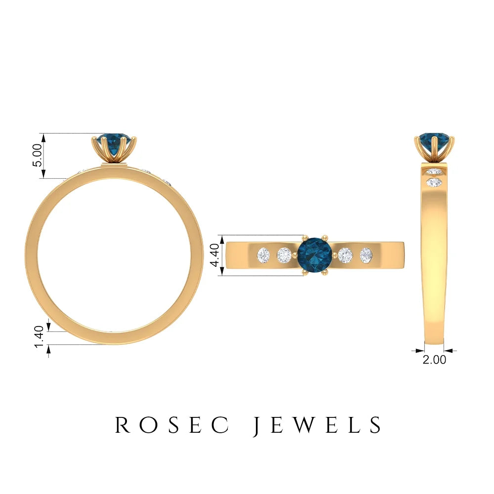 London Blue Topaz Solitaire and Diamond Ring, 925 Sterling Silver F44397