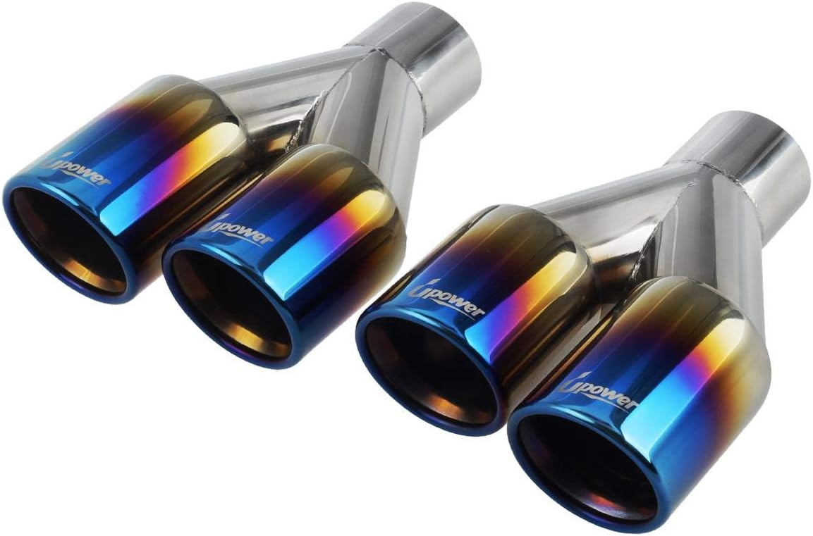 Dual Exhaust Tips 2.25 inch inlet 3 inch outlet 9.2" Long Blue 304 Polished Stainless Steel Weld on Exhaust Tailpipe Tips Pack of 2 A556