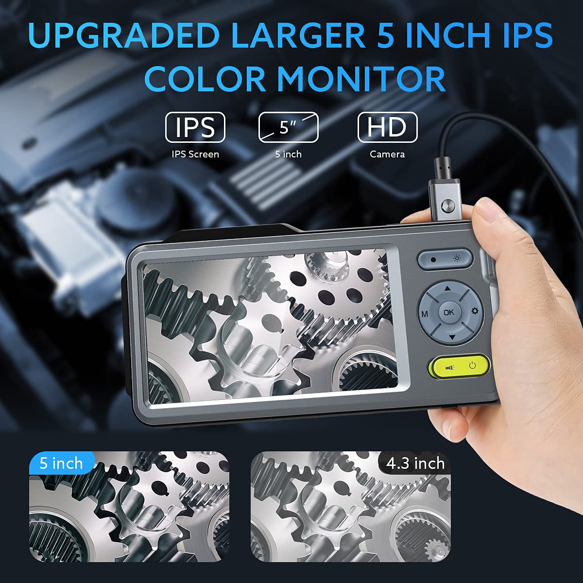 1080P Dual-Lens Endoscope with 5 IPS Screen, 5mm Ultra-Slim Inspection Camera, 7 LED Lights, 32GB Card, 3500mAh Battery, 16.5ft Waterproof Cable, Portable Hard Case V7093