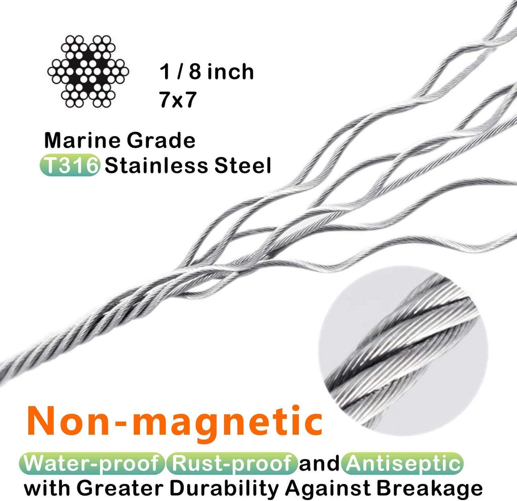 T316-Stainless Steel 1/8'' Aircraft Wire Rope for Cable Deck Railing Kit, Non-Magnetic Marine Grade (500ft) I375127