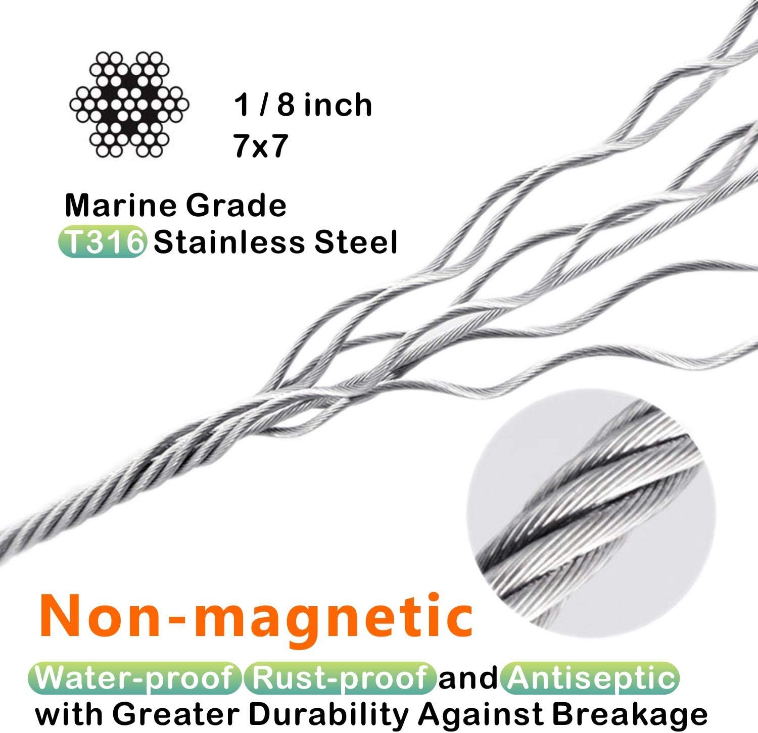 T316-Stainless Steel 1/8'' Aircraft Wire Rope for Cable Deck Railing Kit, Non-Magnetic Marine Grade (500ft) I375127