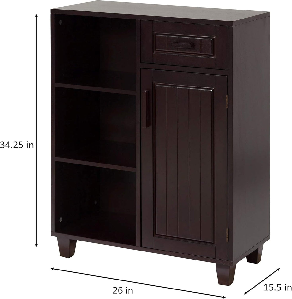 Espresso Wooden Freestanding Floor Cabinet with 3 Open Shelves 1 Drawer 1 Door Q371