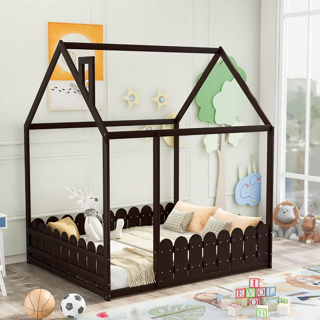 White Wood Twin Size House Bed Frame with Fence K1330