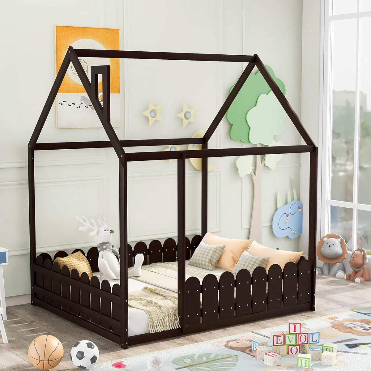 White Wood Twin Size House Bed Frame with Fence K1330