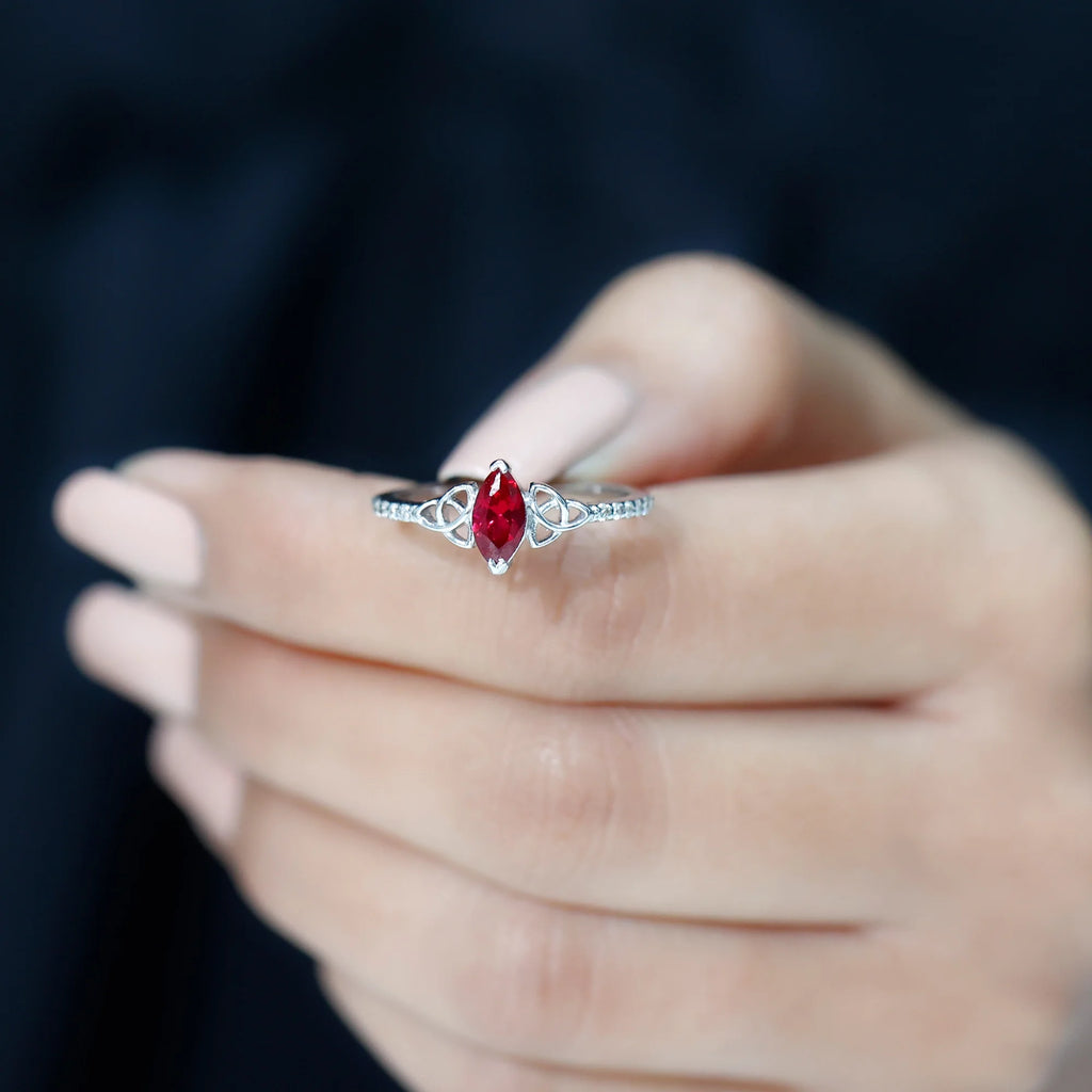 Marquise Shape Lab Grown Ruby Solitaire Ring with Diamond, 925 Sterling Silver, US 4.00 P3187