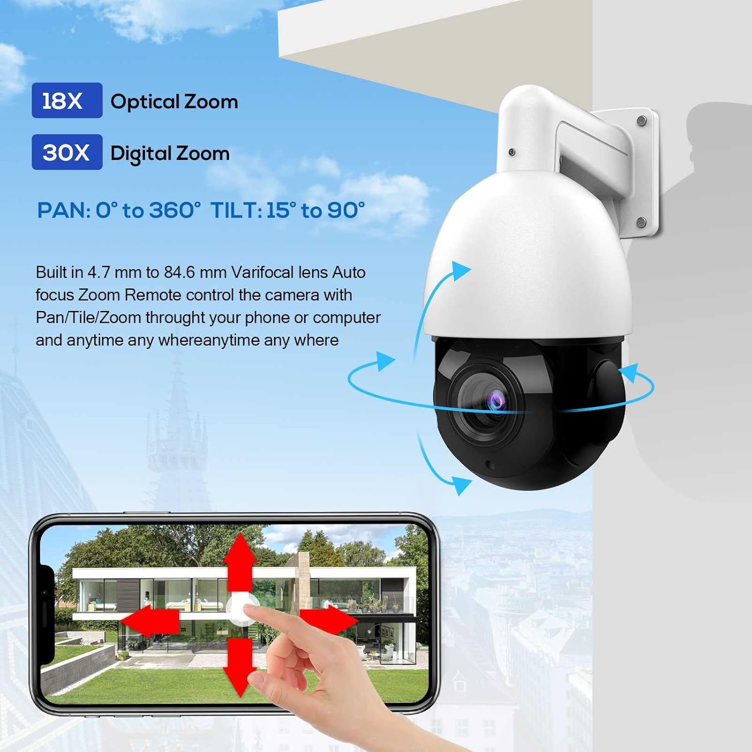 5MP Outdoor PTZ POE Security IP Camera Speed Dome with 18x Optical Zoom Pan Tilt 165ft IR Night Vision Motion Detection IP66 Waterproof R4159