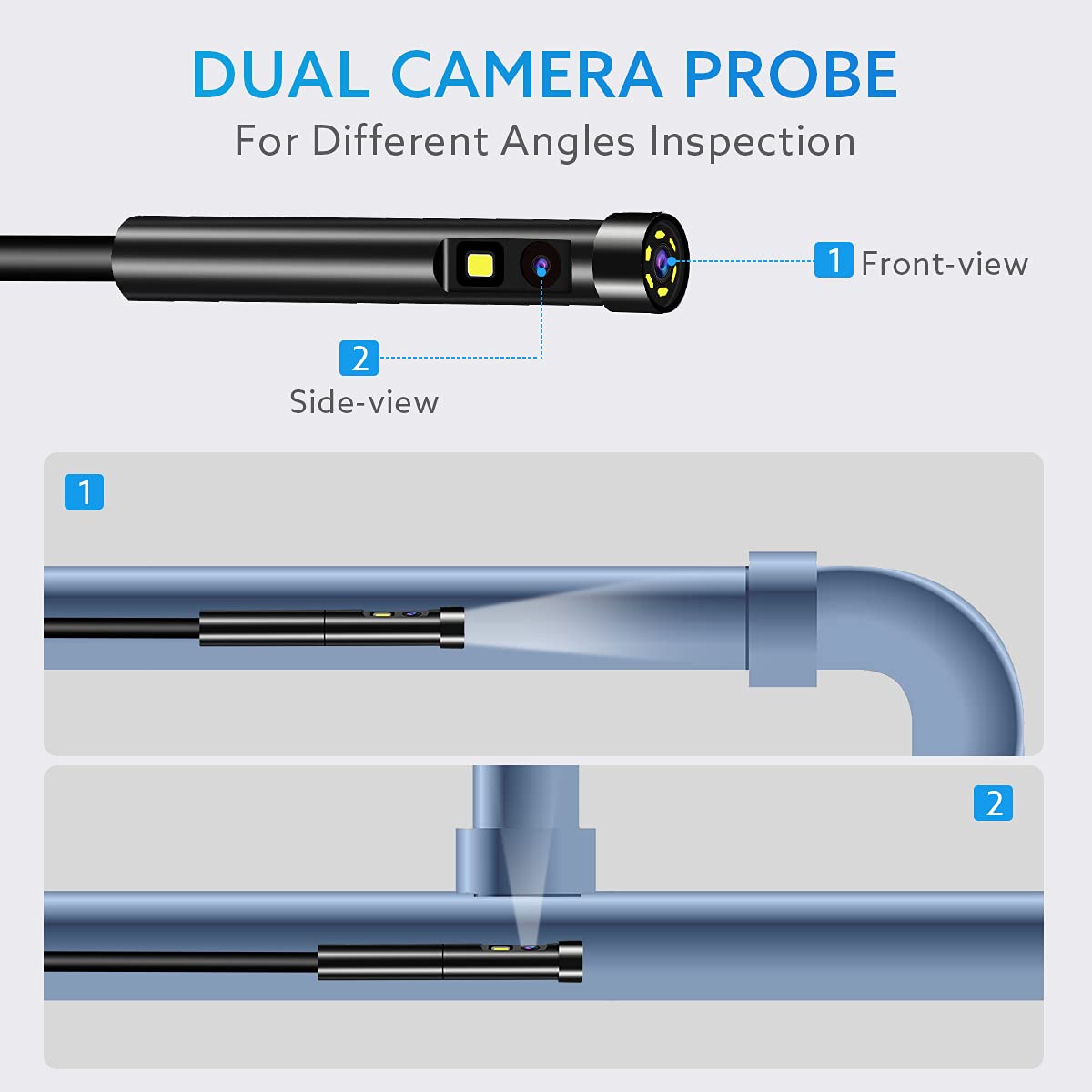 1080P Dual-Lens Endoscope with 5 IPS Screen, 5mm Ultra-Slim Inspection Camera, 7 LED Lights, 32GB Card, 3500mAh Battery, 16.5ft Waterproof Cable, Portable Hard Case V7093