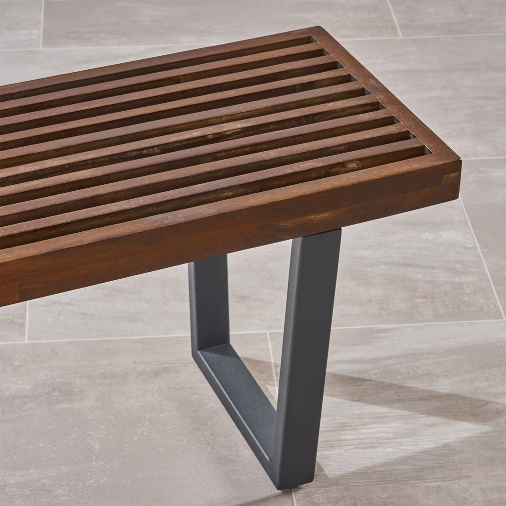 Teak Finish Acacia Wood Patio Dining Bench with Iron Legs V502