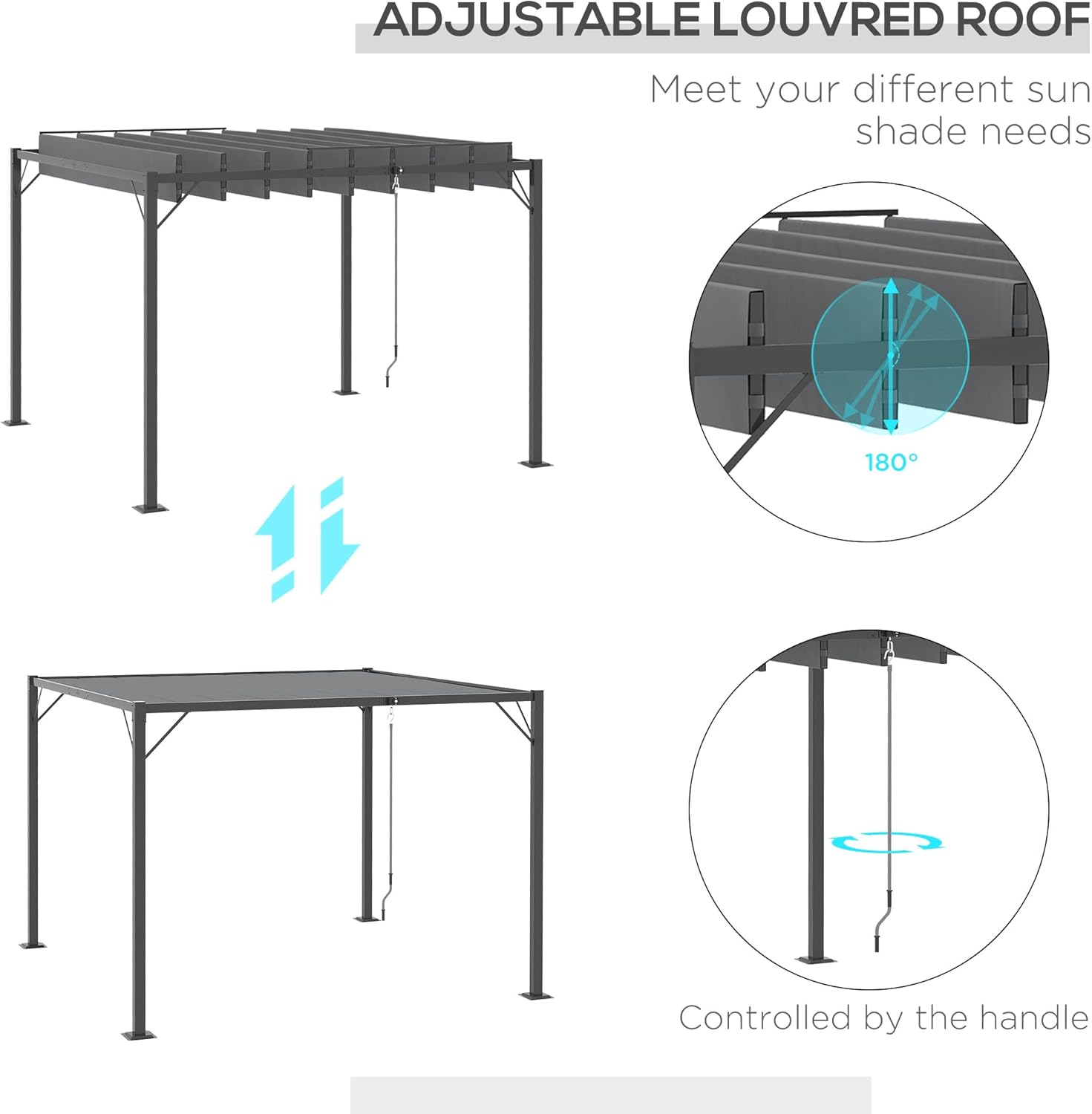 10' x 10' Outdoor Louvered Pergola Patio Aluminum Gazebo Canopy with Adjustable Roof Sun Shade, Grey S924