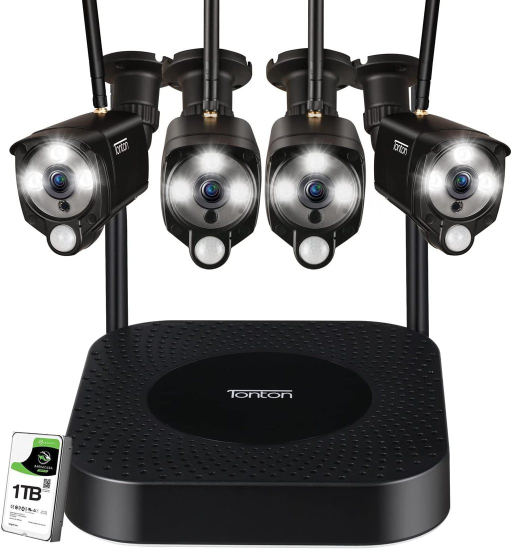 8CH NVR with 1TB HDD and 4PCS 3MP Outdoor Bullet Cameras with PIR Sensor and Floodlight (Black) J2337