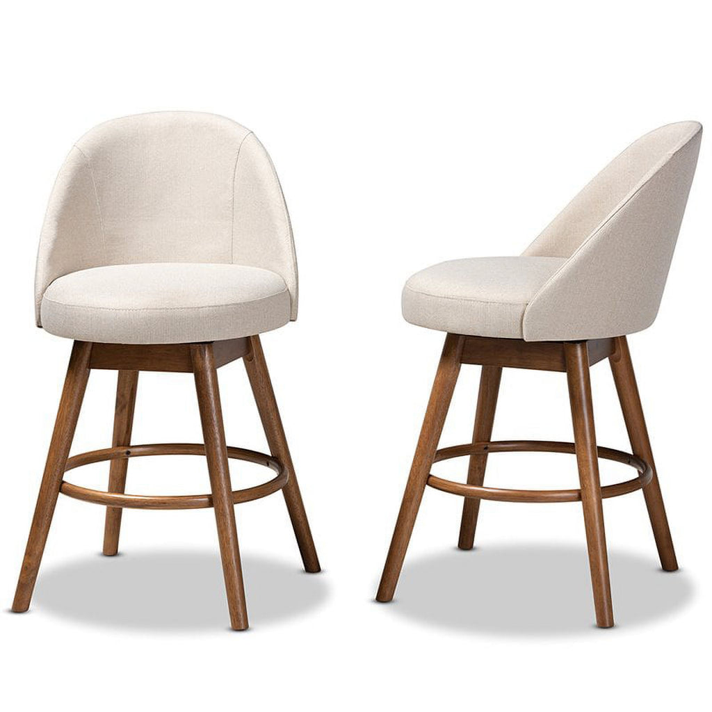 Mid Century Upholstered Swivel Counter Stool in Walnut (Set of 2) R814