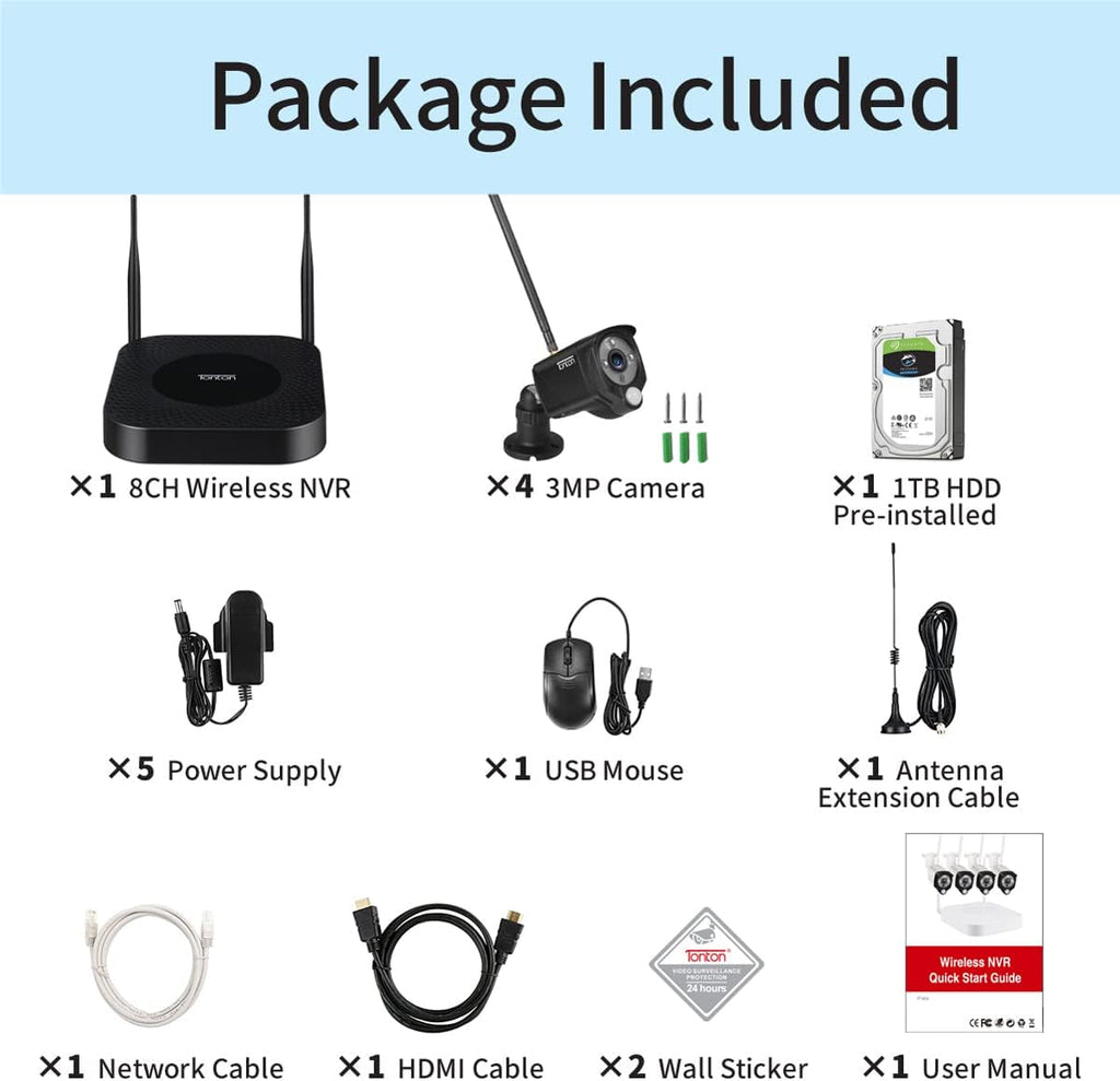 8CH NVR with 1TB HDD and 4PCS 3MP Outdoor Bullet Cameras with PIR Sensor and Floodlight (Black) J2337