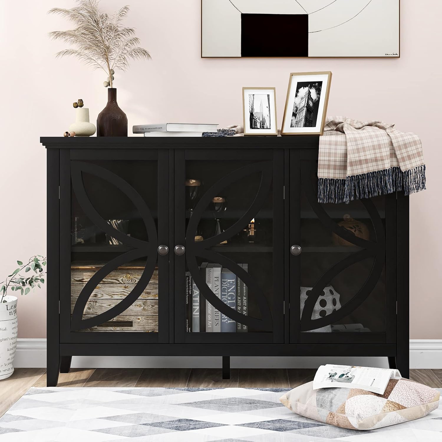 Black Accent Buffet Sideboard with Tempered Glass Console Table Sofa Table with Adjustable Shelves Cabinet G71711