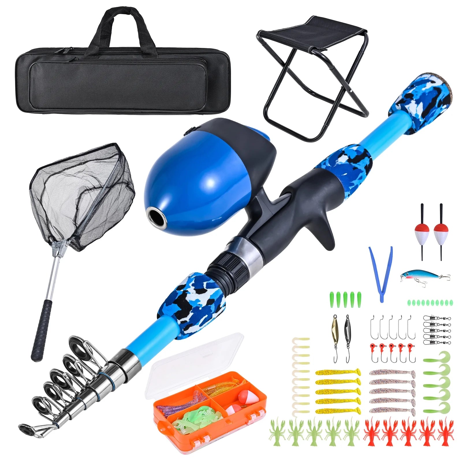Kids Fishing Rod and Reel Combo with Collapsible Fishing Stool, Landing Net, and Tackle Box V35074