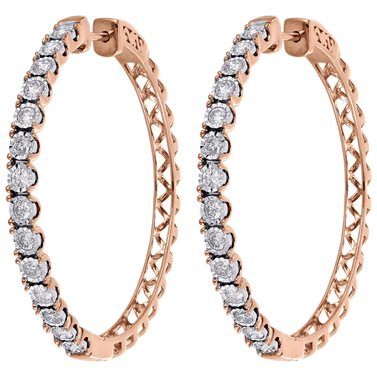 10K Rose Gold Real Diamond Bezel Set Hoops Huggie Earrings 1.50 CT B141826