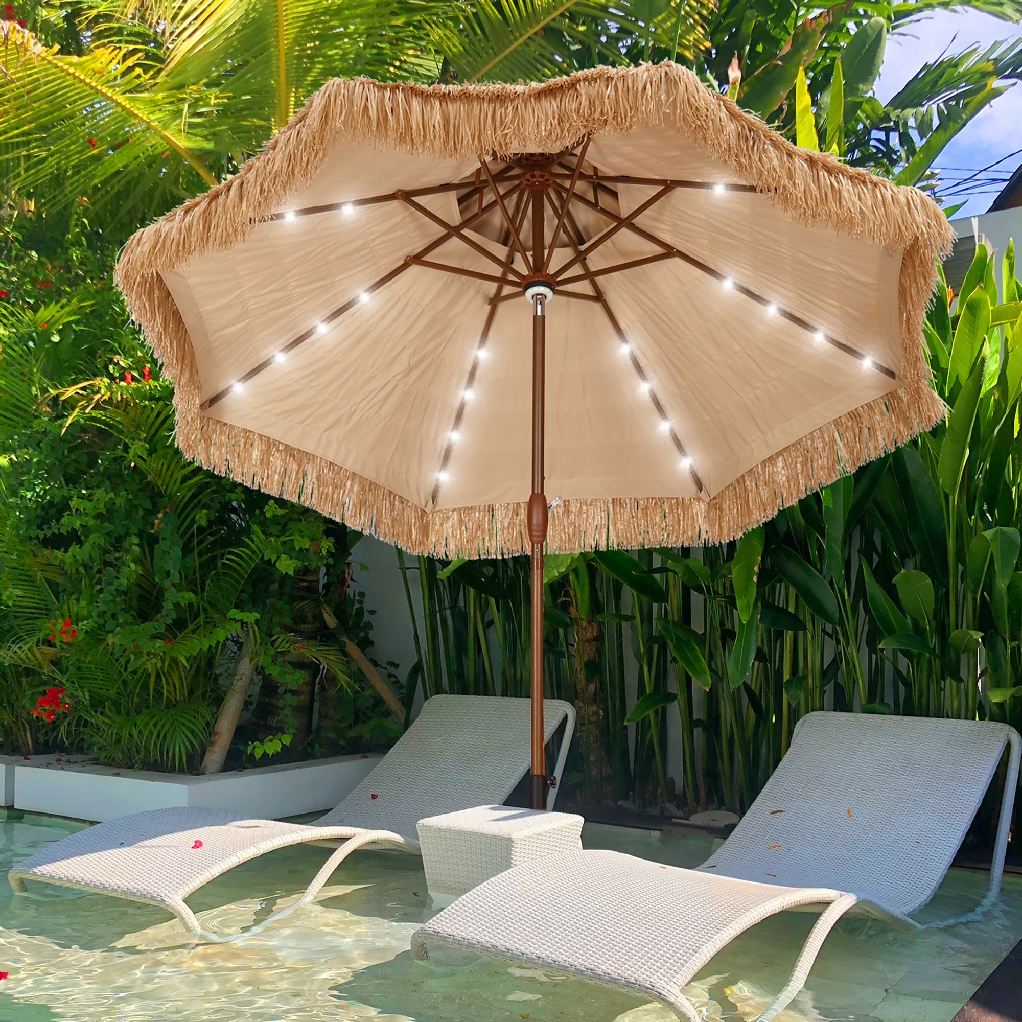 9FT Double Tiers Solar LED Thatched Tiki Umbrella M5984