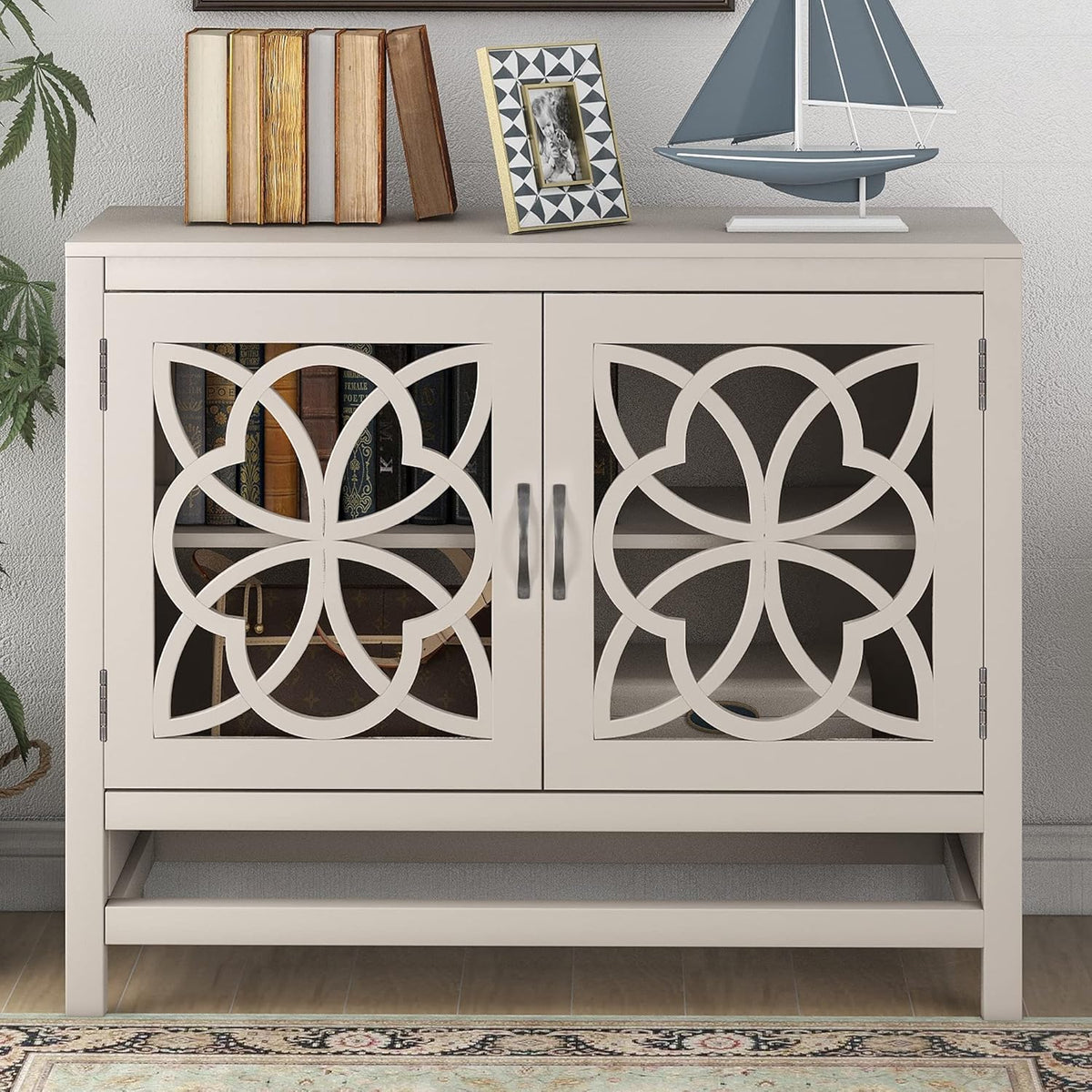 Black Accent Buffet Sideboard with Tempered Glass Console Table Sofa Table with Adjustable Shelves Cabinet G71711