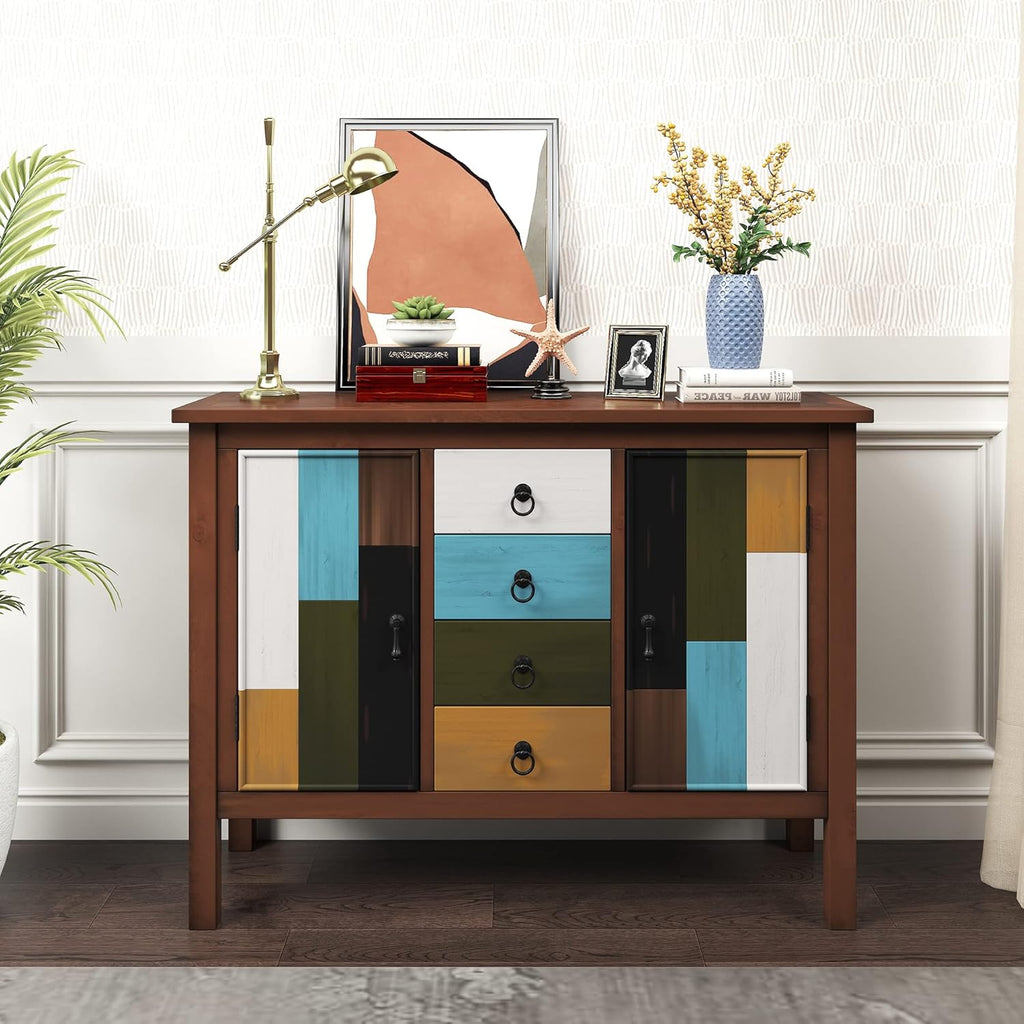 Black Accent Buffet Sideboard with Tempered Glass Console Table Sofa Table with Adjustable Shelves Cabinet G71711