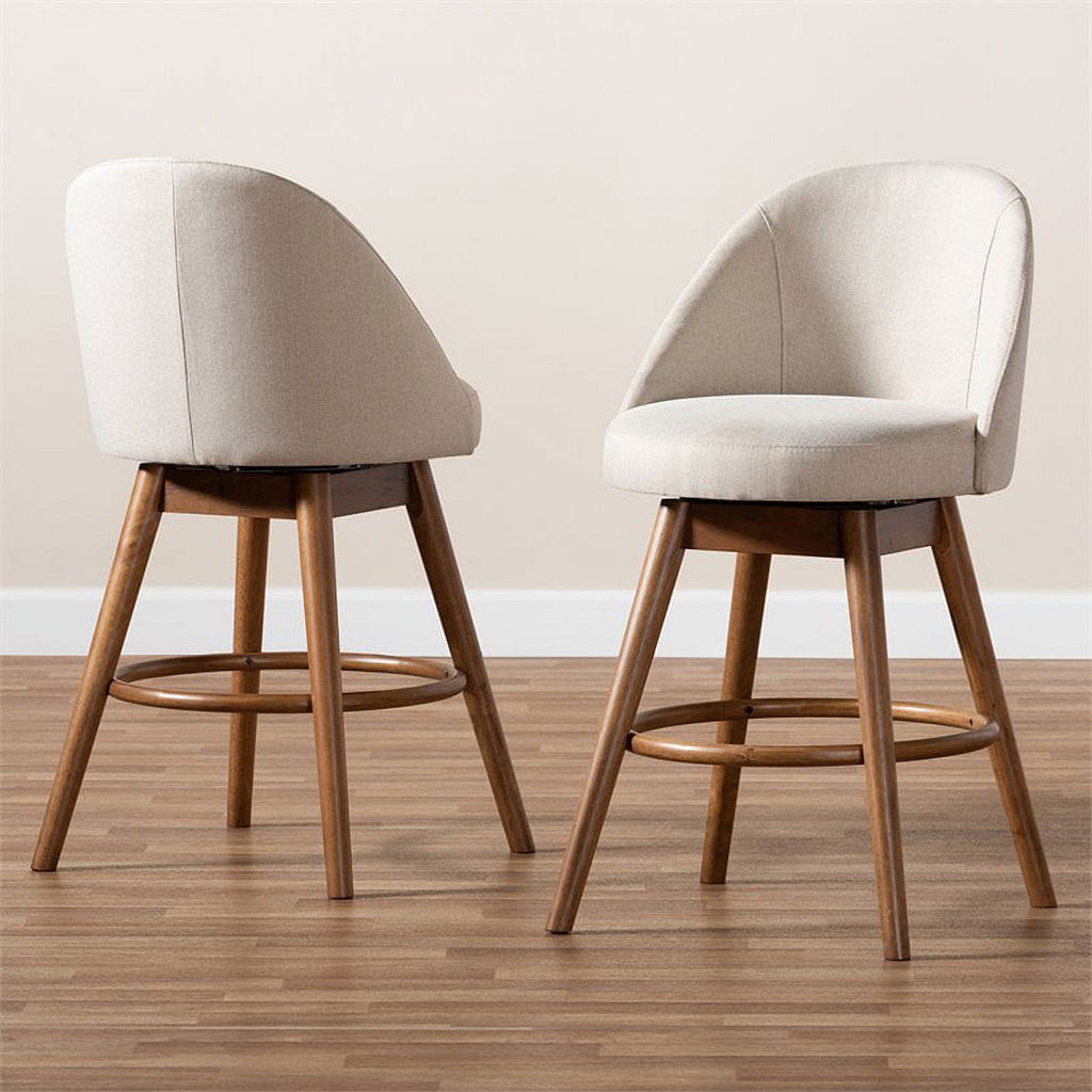 Mid Century Upholstered Swivel Counter Stool in Walnut (Set of 2) R814
