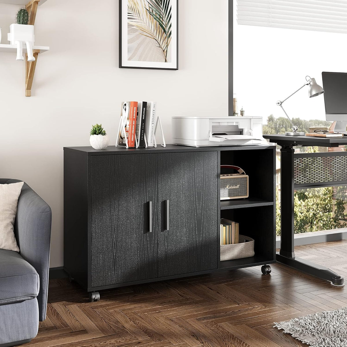 Black Wood Filing Cabinet with Adjustable Shelves on Lockable Wheels U394417