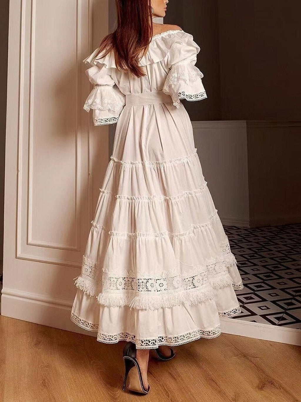 White Slash Neck Short Sleeve Long Dress L315985