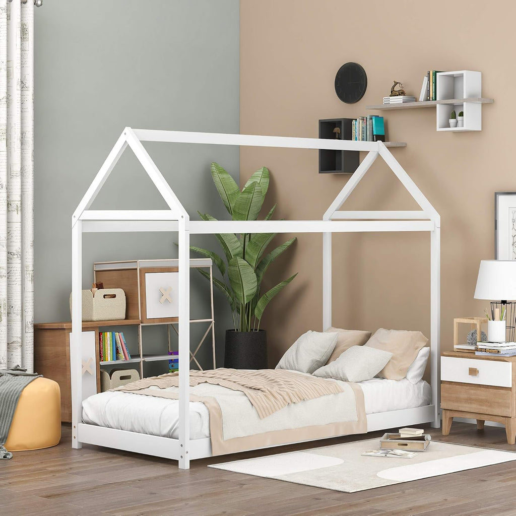 White Wood Twin Size House Bed Frame with Fence K1330