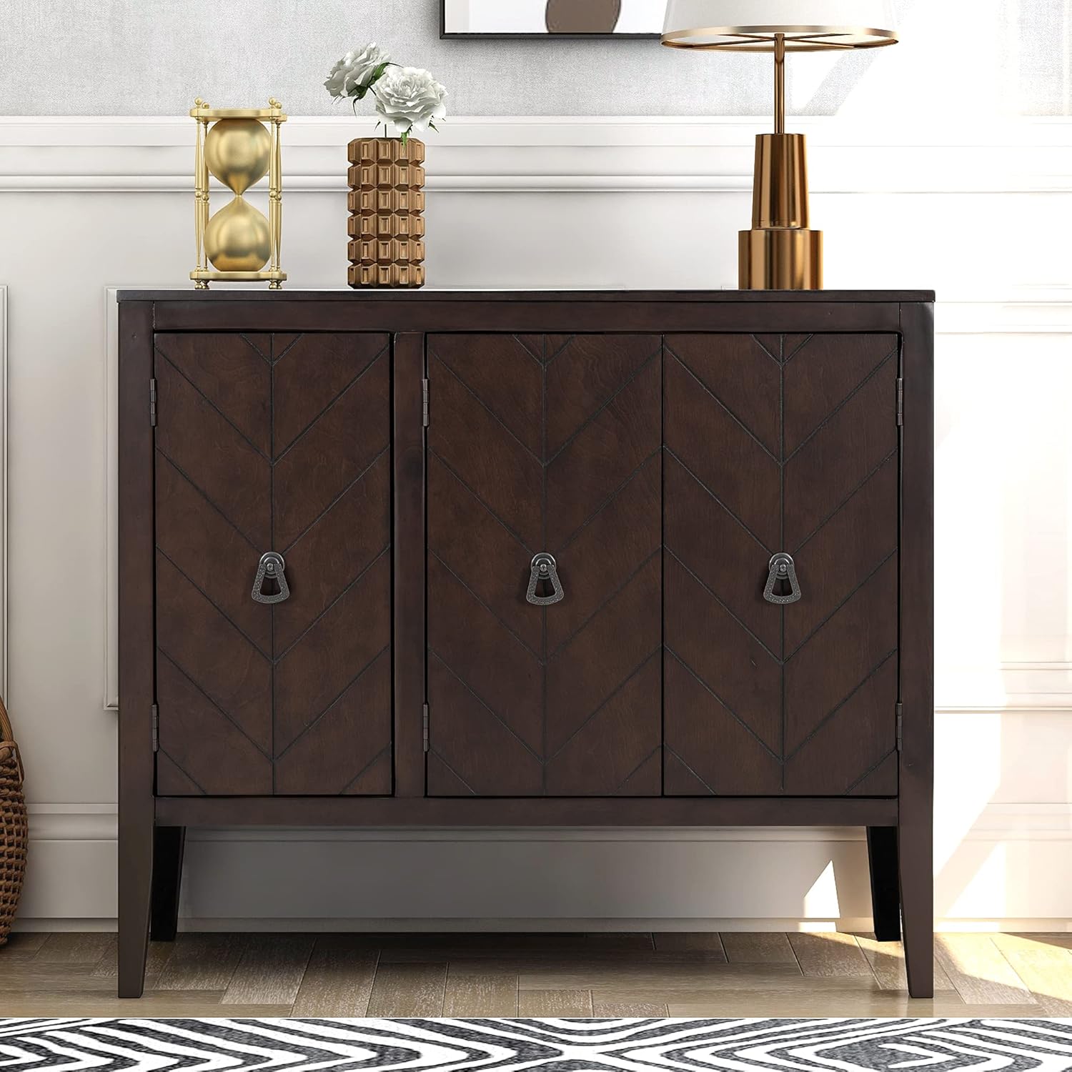 Black Accent Buffet Sideboard with Tempered Glass Console Table Sofa Table with Adjustable Shelves Cabinet G71711