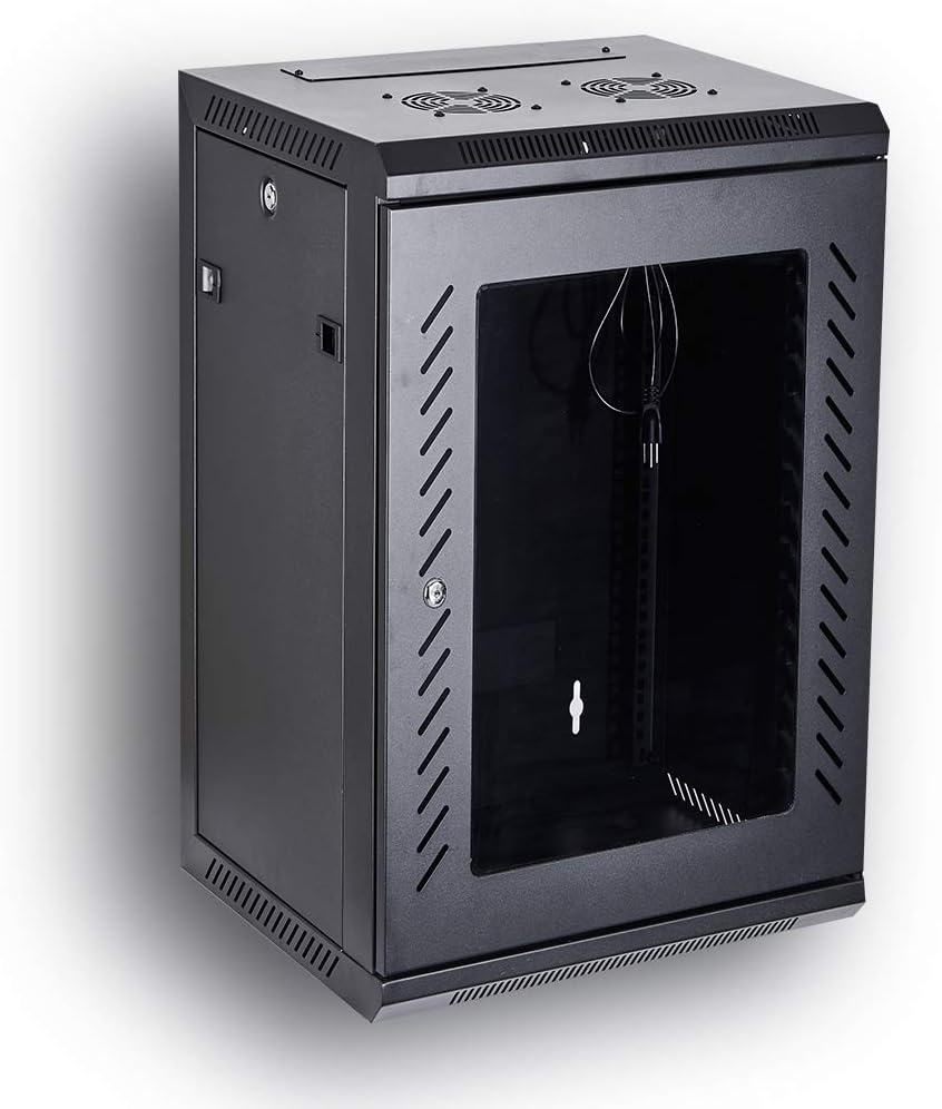 Black 18U Wall Mount Server Rack Cabinet with Locking Tempered Glass Door S611
