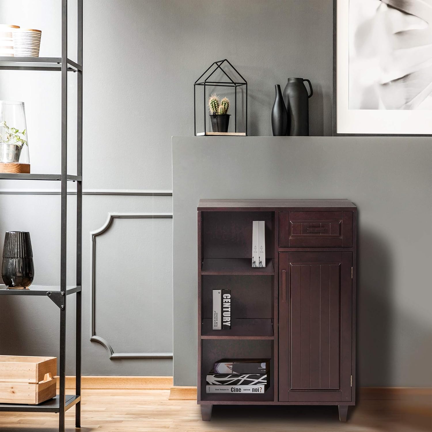 Espresso Wooden Freestanding Floor Cabinet with 3 Open Shelves 1 Drawer 1 Door Q371