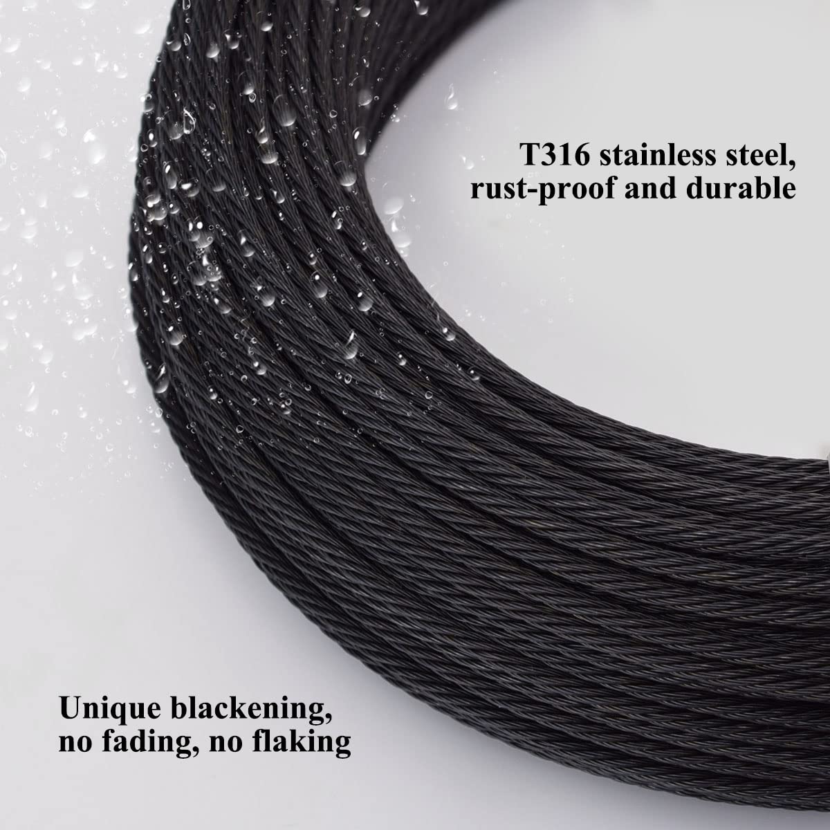 150ft Black T316 Stainless Steel Wire Rope Cable, 7 x 7 Strands N102643