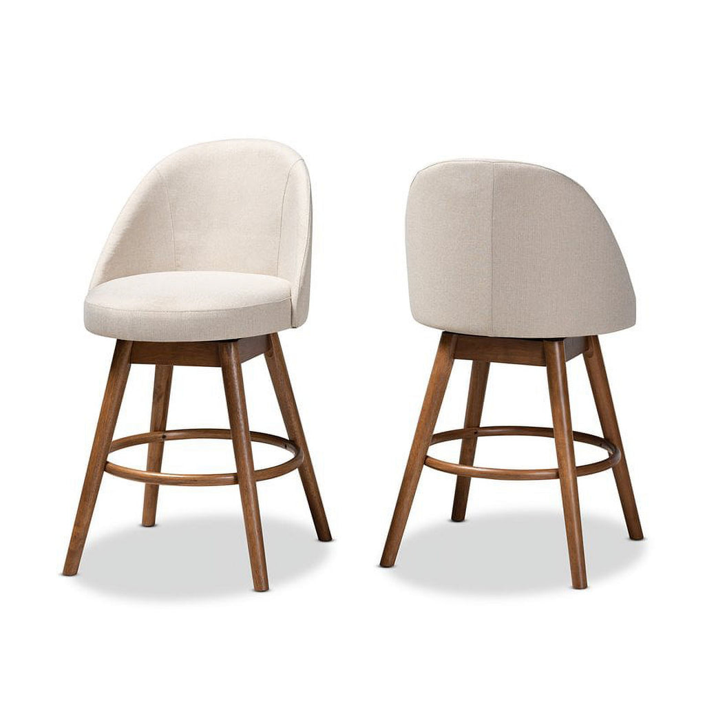 Mid Century Upholstered Swivel Counter Stool in Walnut (Set of 2) R814