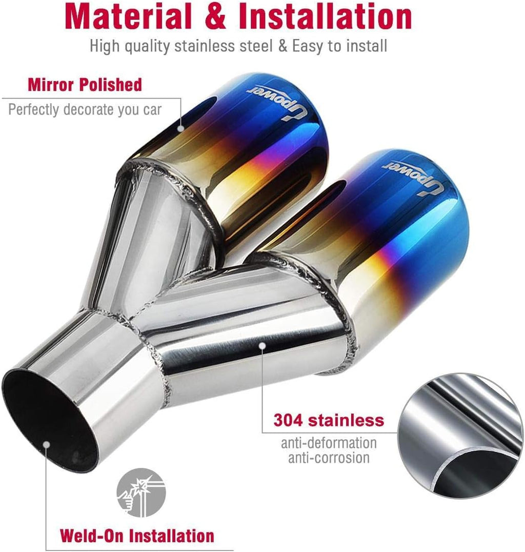 Dual Exhaust Tips 2.25 inch inlet 3 inch outlet 9.2" Long Blue 304 Polished Stainless Steel Weld on Exhaust Tailpipe Tips Pack of 2 A556