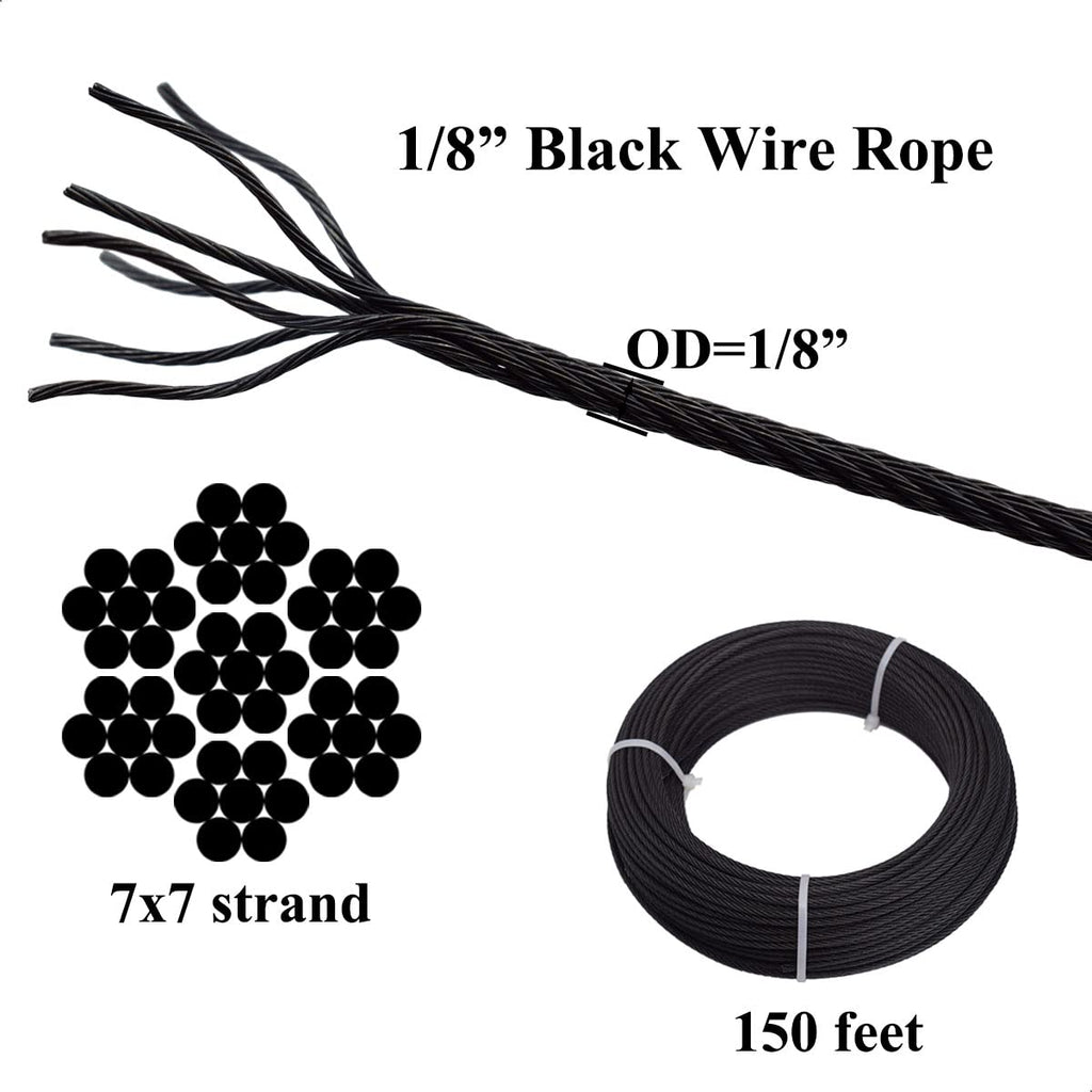 150ft Black T316 Stainless Steel Wire Rope Cable, 7 x 7 Strands N102643