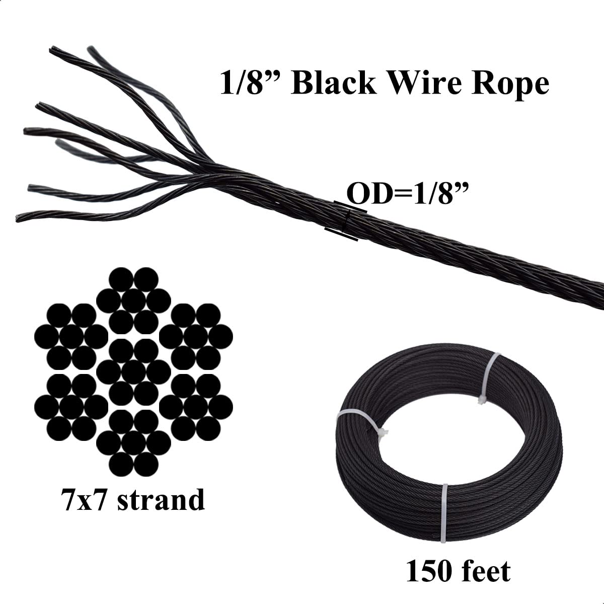 150ft Black T316 Stainless Steel Wire Rope Cable, 7 x 7 Strands N102643