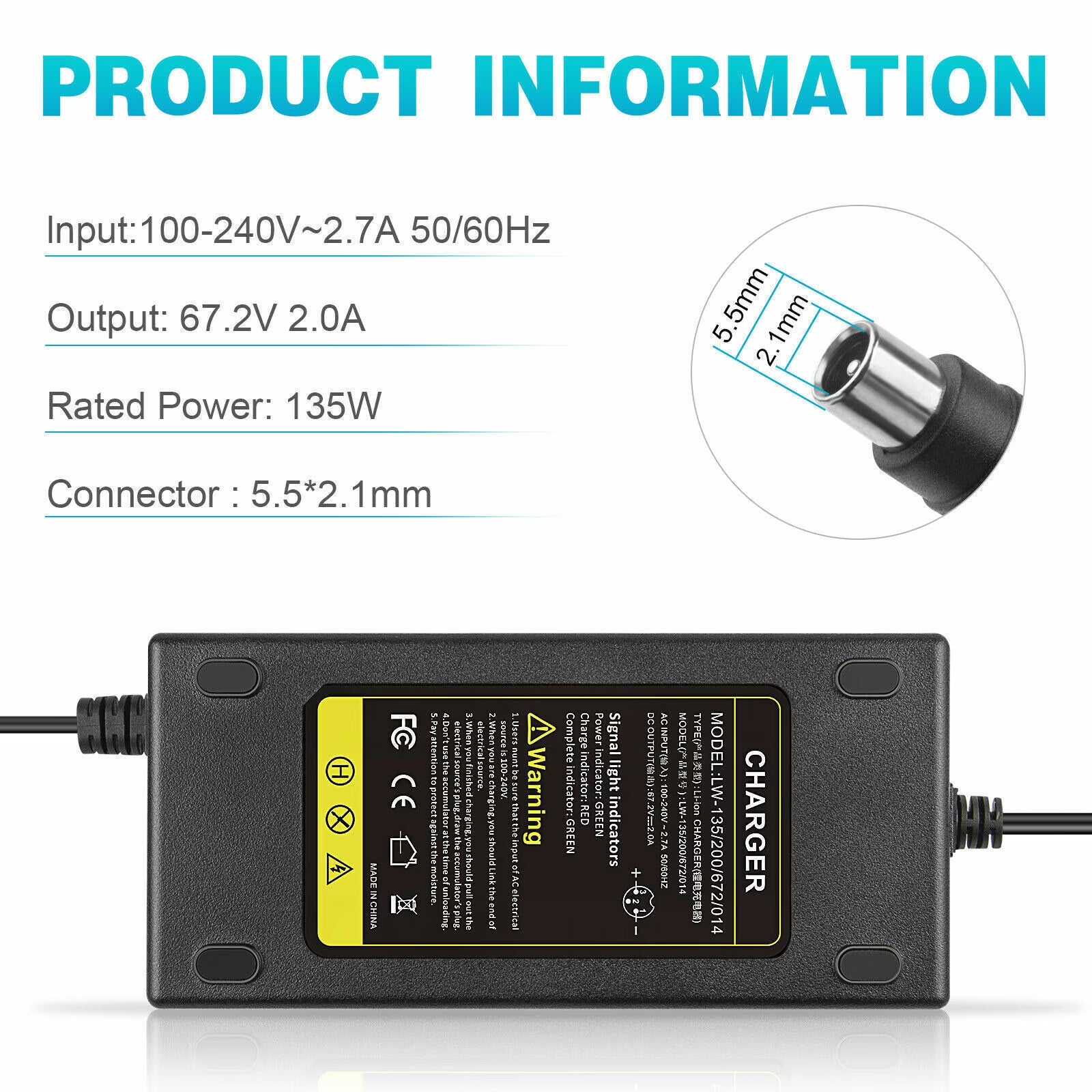 67.2V 2A T Plug Charger for 60V Li-ion Battery Electric Scooter E-bike Bicycle G71678