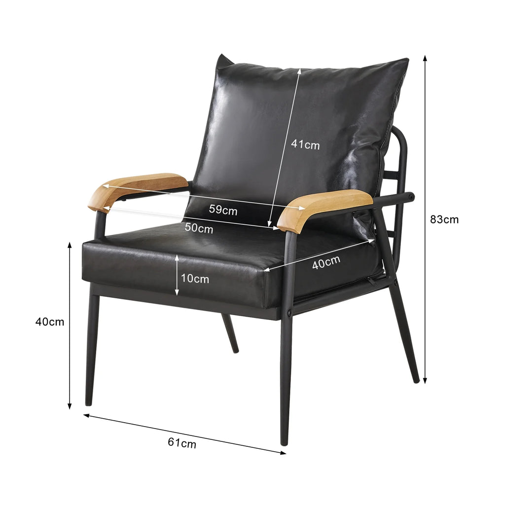 Black Faux Leather Single Sofa Couch with Solid Wood Armrest and Metal Frame L640818