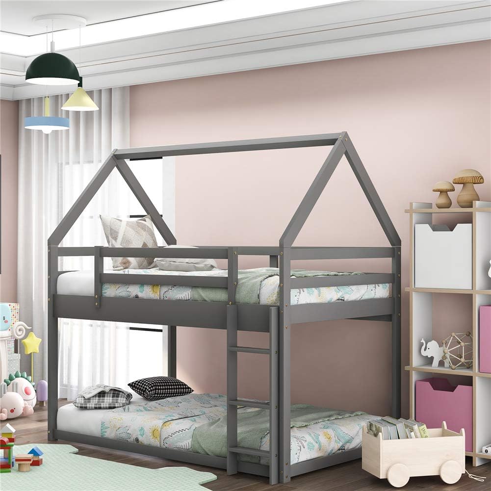 White Wood Twin Size House Bed Frame with Fence K1330