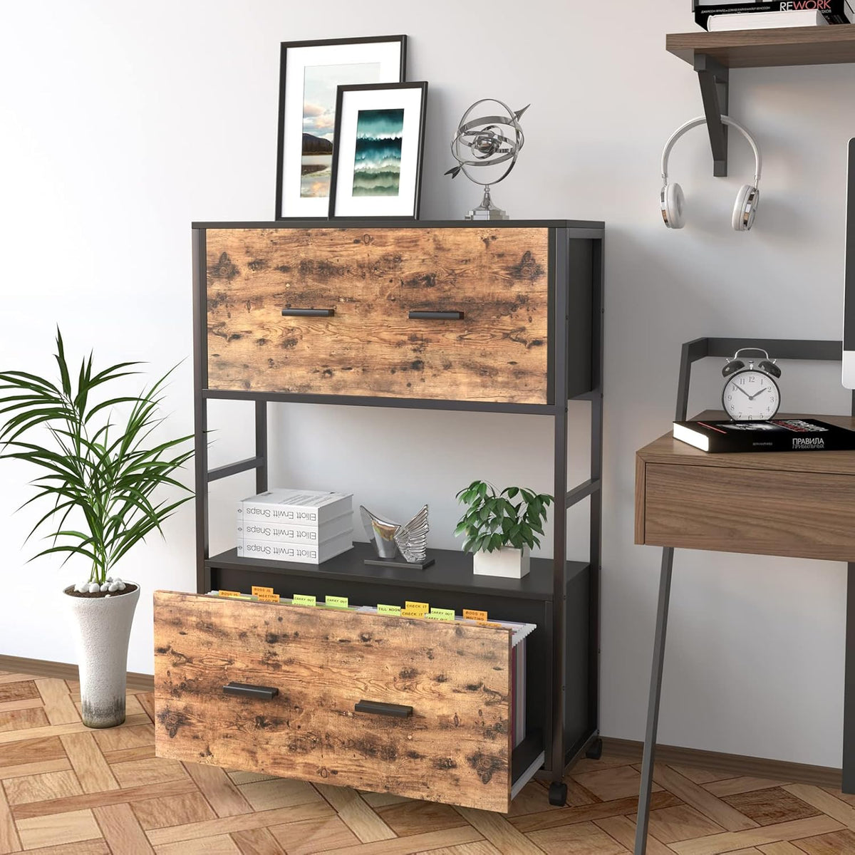 2 Drawer File Cabinet with Bookshelf, Rustic Brown A215