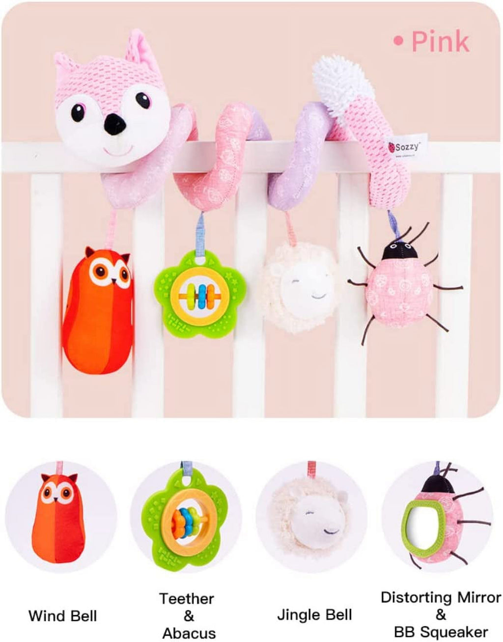 Pink Plush Activity Hanging Spiral Pram Crib Toys with Music Box C19859