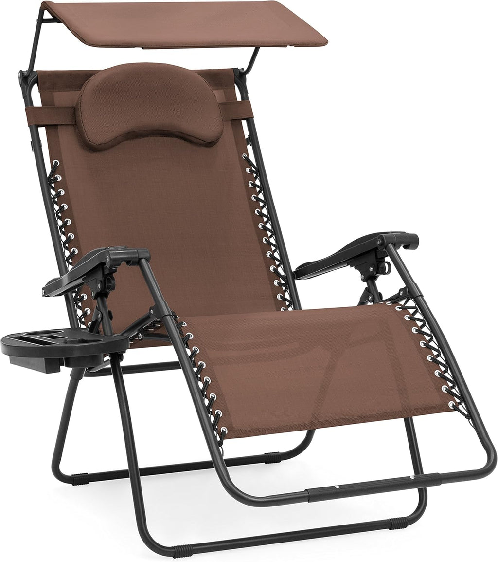 Oversized Steel Mesh Zero Gravity Reclining Lounge Patio Chair with Folding Canopy Shade and Cup Holder W39918