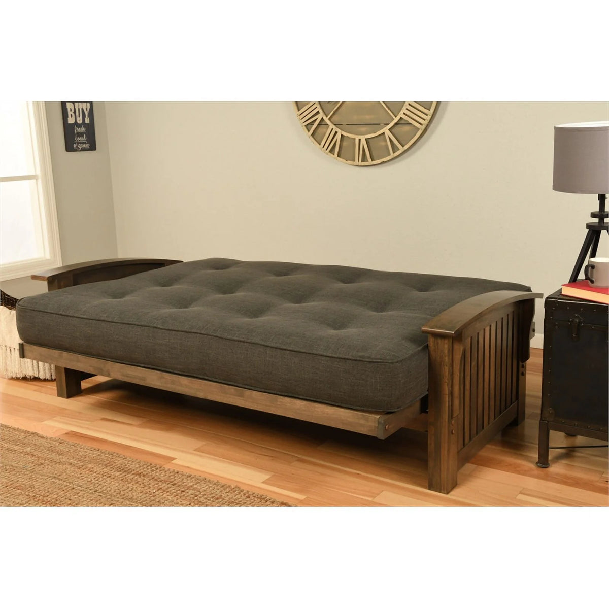 Rustic Walnut Futon with Linen Stone Gray Mattress R762010