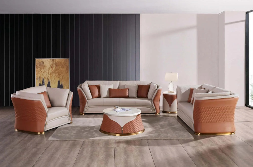 Sand Beige-Cognac Leather Coffee Table Set 2P P708