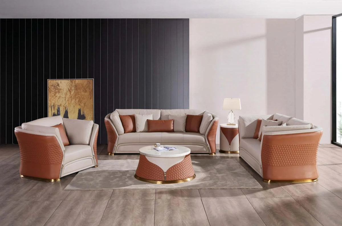 Sand Beige-Cognac Leather Coffee Table Set 2P P708