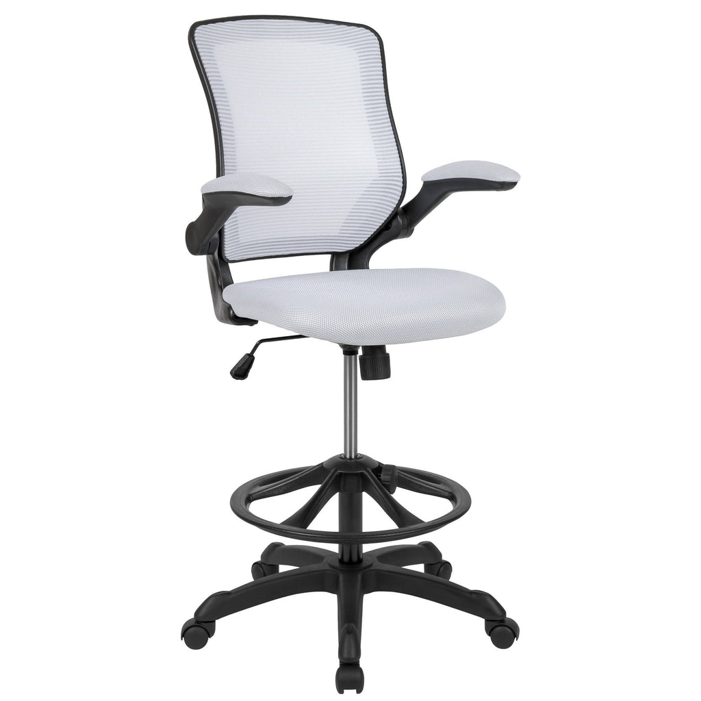 White Mesh Ergonomic Drafting Chair with Foot Ring and Flip-Up Arms P56858